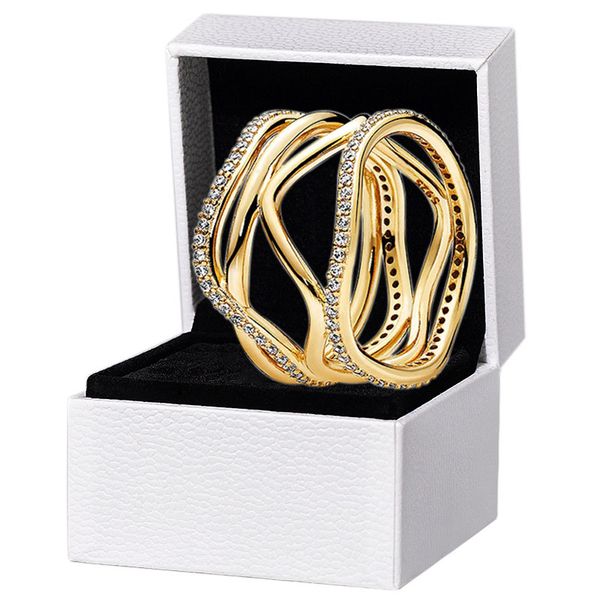 

cz diamond line yellow gold plated swirl ring women's wedding jewelry for pandora 925 silver girlfriend gift rings with original box se, Slivery;golden