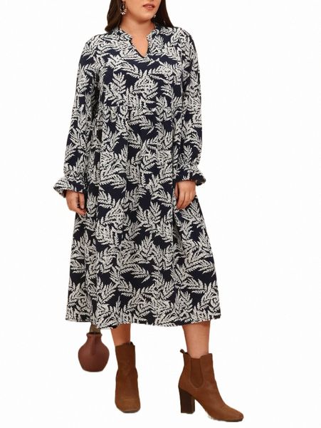 

plus size dresses emery rose plus leaves print flounce sleeve dress 03i4#, Black