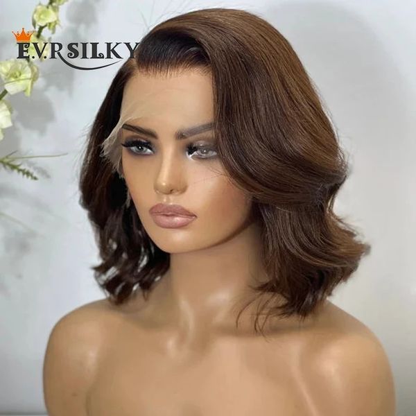 

glueless 360 laces frontal wigs peruvian chocolate brown wavy short bob 13x6 deep part lace front human hair wigs with baby hairs, Black