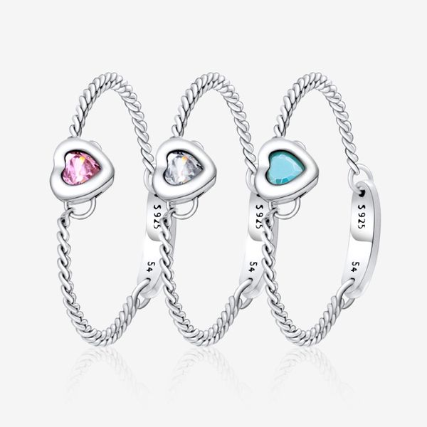 

love heart 925 sterling silver chain rings women girls wedding jewelry for pandora colorful cz diamond ring set with original box, Slivery;golden