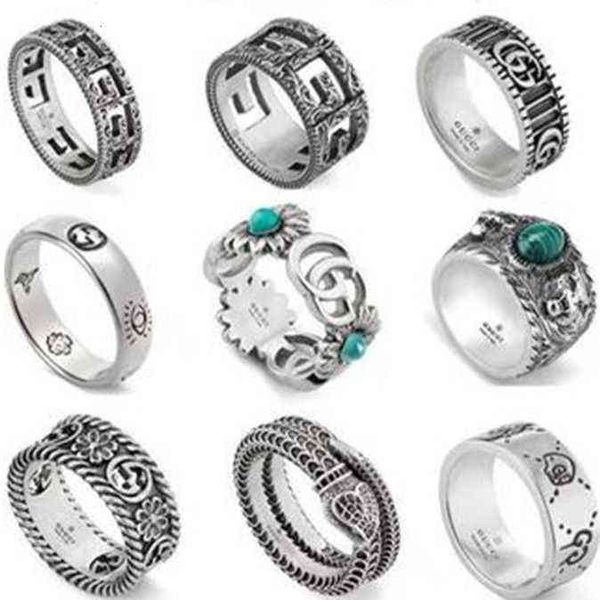 

sterling sier s925 gujia double g ring love fearl green enamel skeleton square men's and women's couple pair, Silver