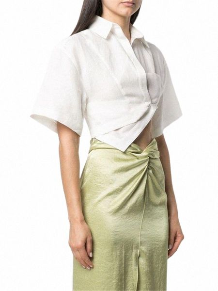 

women's blouses & shirts women's blouses & shirts women cropped navel irregular shirt 2022 summer covered button turn-down collar, White