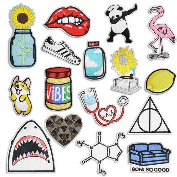 

notions 16pcs animals embroidered patches cute panda flamingo iron on patch stickers for clothes jacket bags, Black