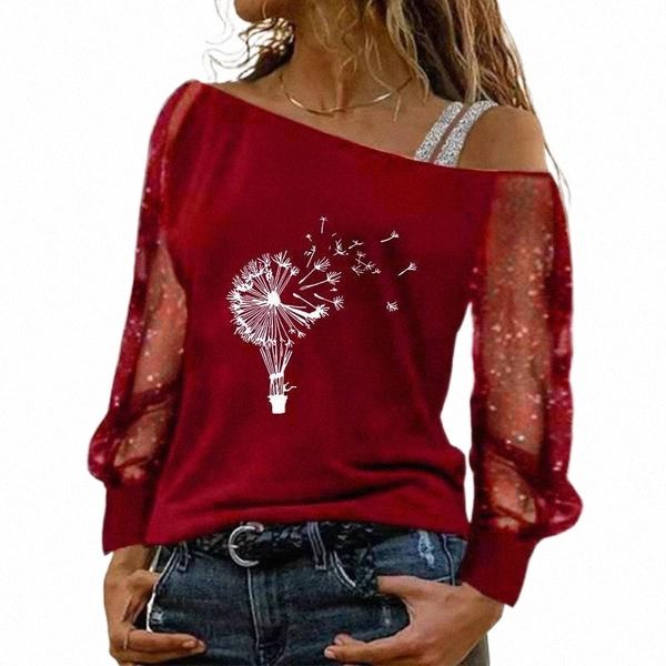 

women's blouses & shirts women's blouses & shirts lace blouse women casual d andelion print mesh long sleeve cold shoulder patchwo, White