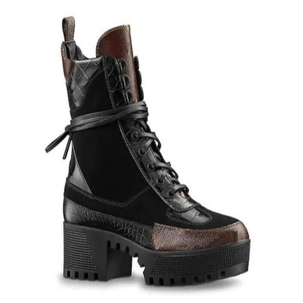 

women luxury designer boots leather ankle boot chunky heel martin shoes print leather platform desert lace-up boot 5cm low heeled 266i, Black