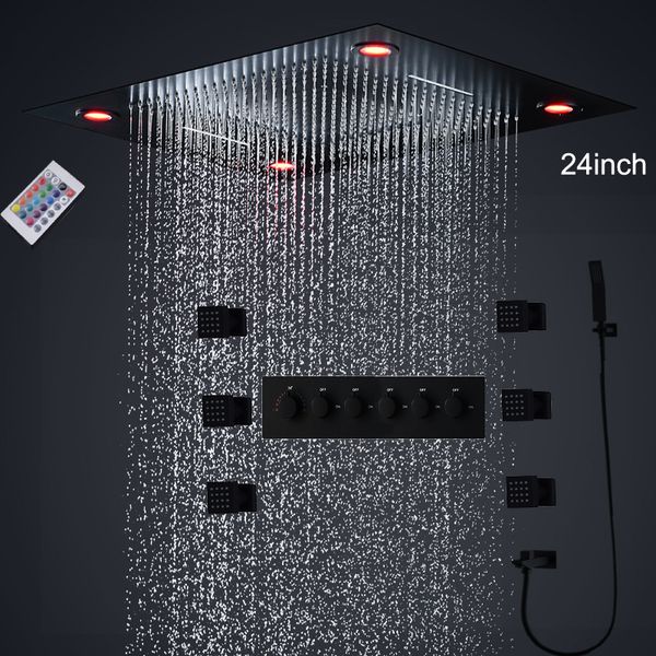 

bathroom large led shower set 24inch 5functions black faucets system waterfall rainfall bath thermostatic tap body jet