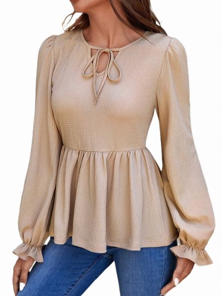 

women's t-shirt tie neck flounce sleeve peplum tee 93zk#, White