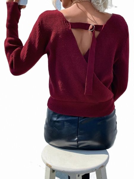 

women's sweaters cut out d-ring wrap back ribbed knit sweater d6bx#, White;black