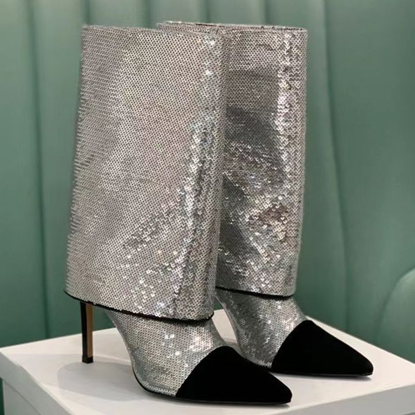 

2022 new lady sheepskin patent leather boots stiletto high heels trouser boots glitter half ankle booties hyun-chae pillage toes knee party, Black