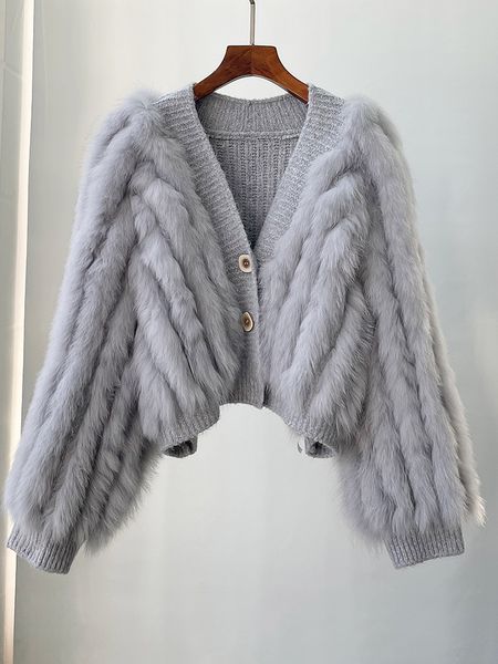 

womens fur faux fur winter oversize ladies sweater knitted cardigan natural fur womens luxury autumn v-neck sweater 220829, Black