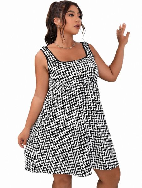 

plus size dresses plus houndstooth print square neck dress p2v1#, Black