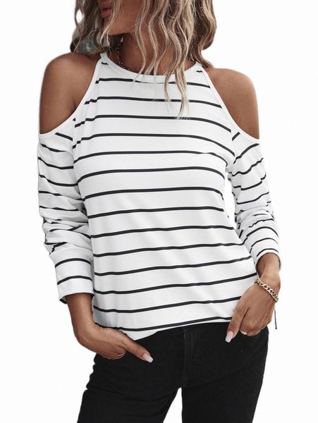

women's t-shirt striped print cold shoulder tee m66l#, White