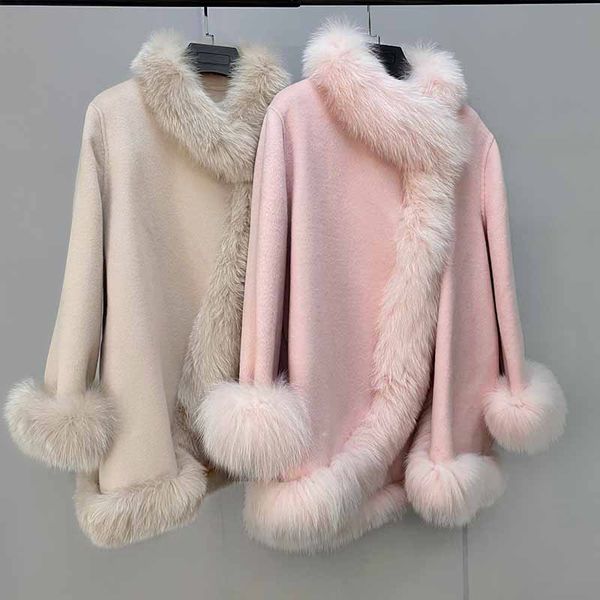 

womens fur faux fur female lovely pink real wool cashmere blend jacket plush natural fur collar womens winter coat 220829, Black