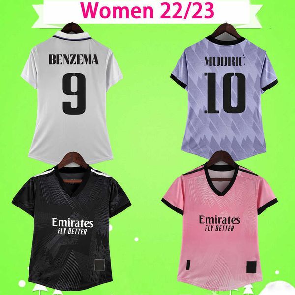 

2022 2023 women soccer jersey ladies camiseta y3 madrids maillots de football shirts grils 22 23 home away third benzema hazard kroos, Black;yellow