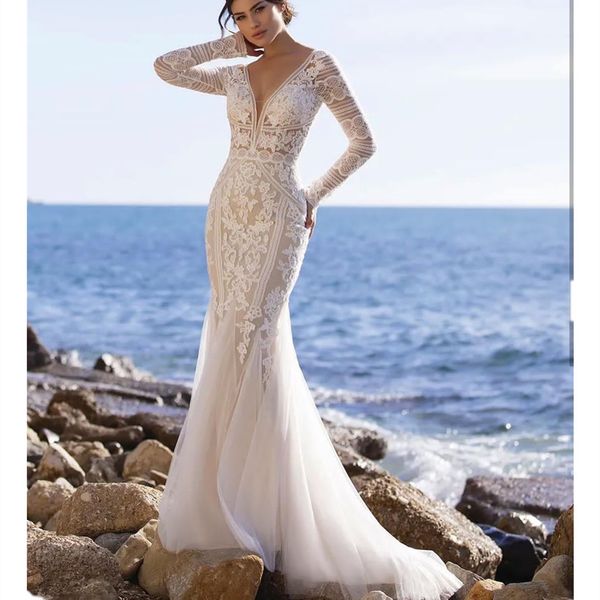 

elegant boho mermaid wedding dresses long sleeves deep v neck sequins appliques bridal gowns lace train 3d lace hollow ruffles sweep train v, White
