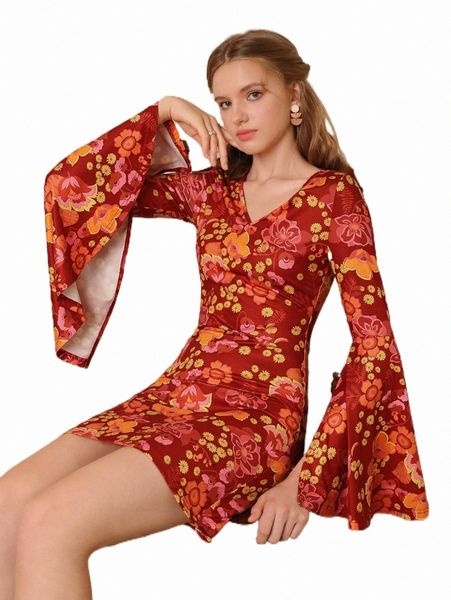 

casual dresses mod floral print trumpet sleeve dress l3rt#, Black;gray