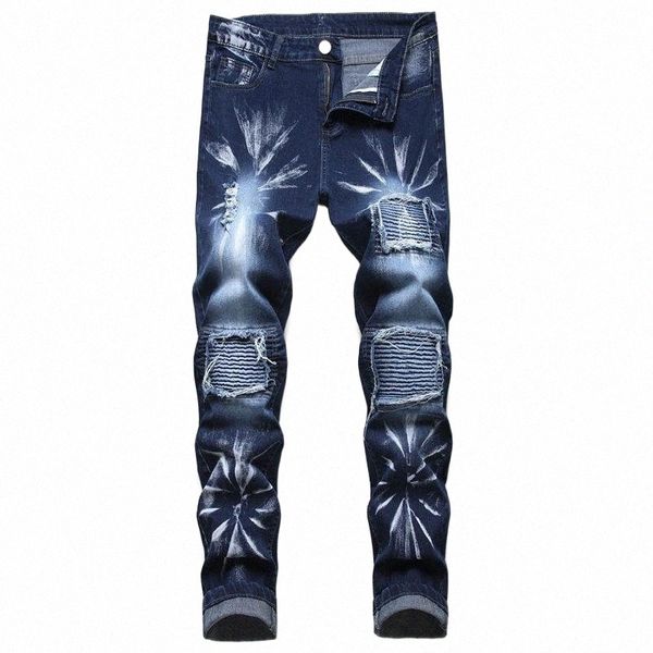 

men's jeans men's jeans 2021 spring autumn vintage straight pleated men fashion european american hole bleached pattern retro deni, Blue