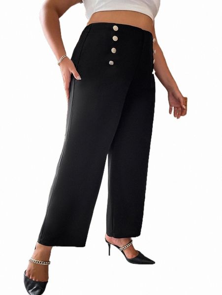 

plus size pants plus high waist fake button wide leg pants i5k6#, Black