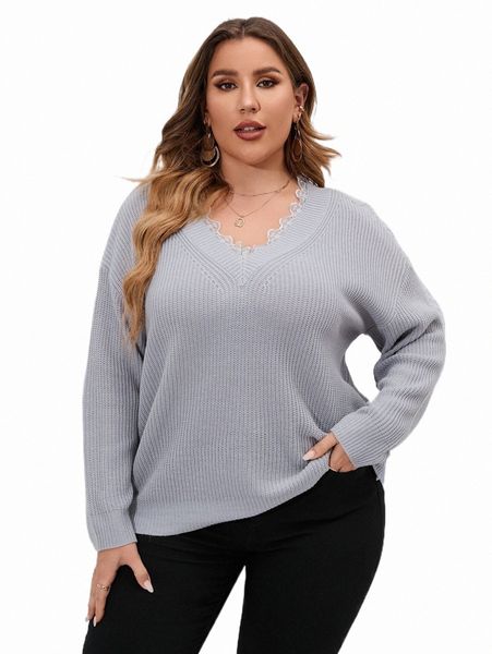 

plus size t-shirt plus lace trim drop shoulder sweater l6z0#, Black