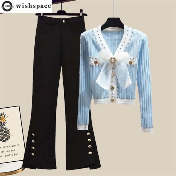 

womens two piece pants spring elegant set personality creativity suddenly bow sweater knitted jacket trousers twopiece 220829, White
