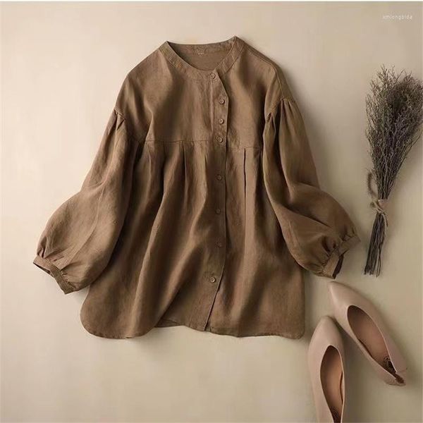 

women's blouses elegant cotton linen women t-shirt casual loose button up long sleeve t-shirts female harajuku shirts, White