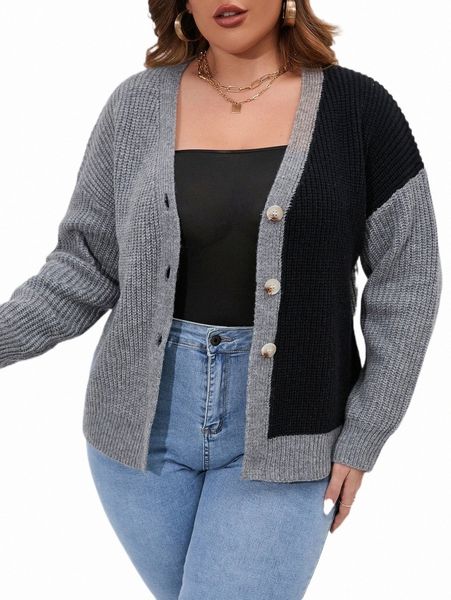 

plus size t-shirt plus two tone drop shoulder cardigan n47k#, Black