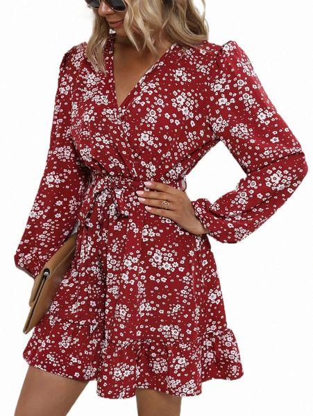 

casual dresses ditsy floral print surplice neck belted dress z94h#, Black;gray