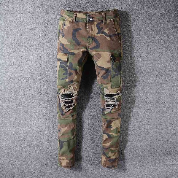 

536 high street fashion brand multi pocket amirs jeans patch camouflage hole elastic slim fit, Blue