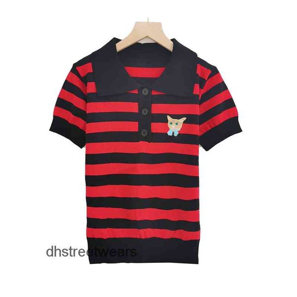 

women's t shirts 2021 summer new double gglity short sleeve color contrast knitted skirt cat embroidery color matching polo collar t-sh, White