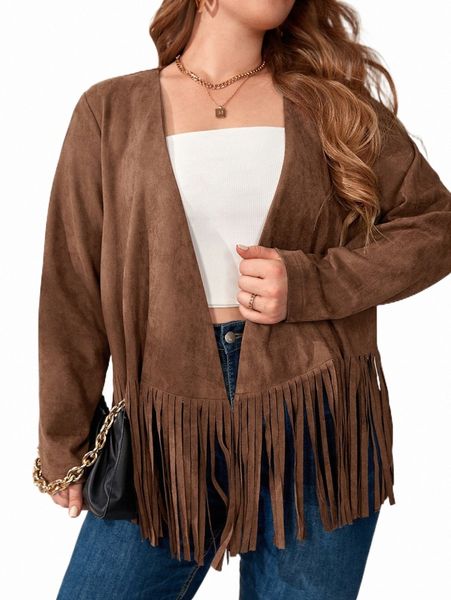 

plus size outerwear & coats plus fringe hem open front coat u2e6#, Black