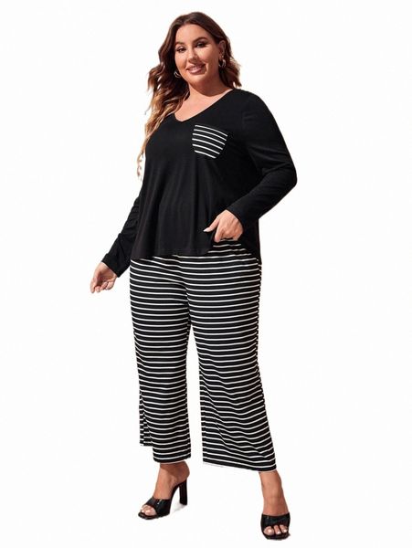

plus size dresses plus striped pocket patched & pants 68xn#, Black