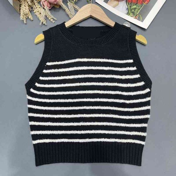 

women's knits tees bm summer stripe contrast round neck wool knitted vest shoulder button short sleeve t shirt, White
