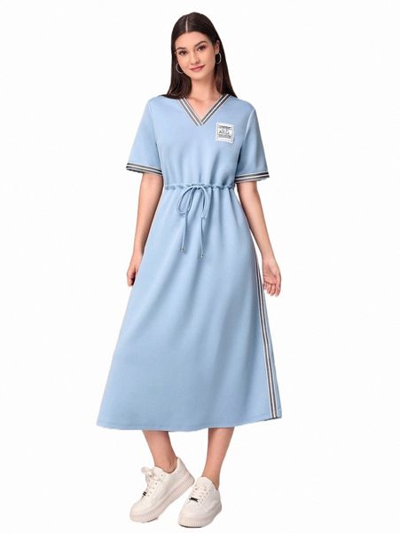 

casual dresses drawstring waist patch detail striped trim dress l6fe#, Black;gray