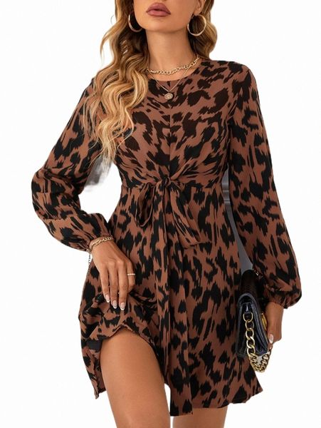 

casual dresses allover print lantern sleeve belted dress 20fo#, Black;gray