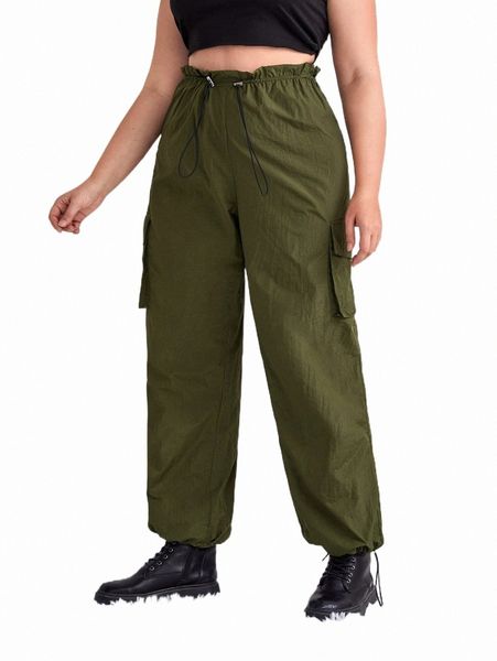 

plus size pants plus flap pocket side drawstring waist cargo pants 34tx#, Black