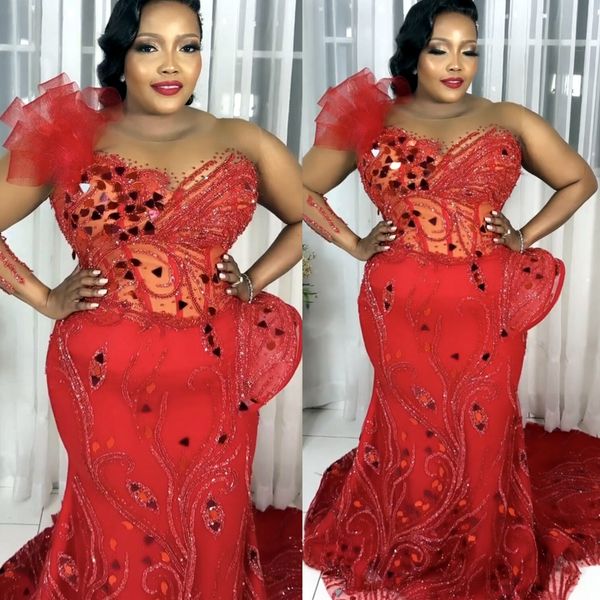 

2022 arabic aso ebi red mermaid prom dresses beaded crystals evening formal party second reception birthday engagement gowns dress zj602, Black
