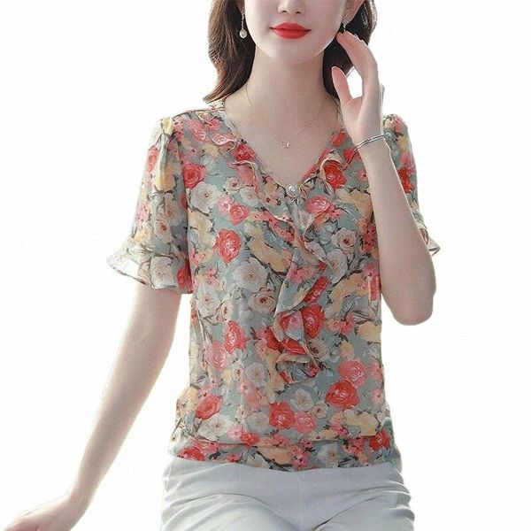 

women's blouses & shirts women's blouses & shirts summer short sleeve women blouse floral elegant chiffon shirt temperament v-neck, White