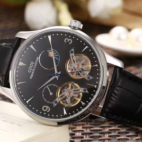 

mens automatic watch mechanical moon phase black leather tourbillion, Slivery;brown