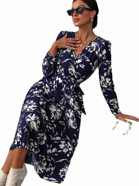 

casual dresses floral print surplice neck belted dress u9cp#, Black;gray