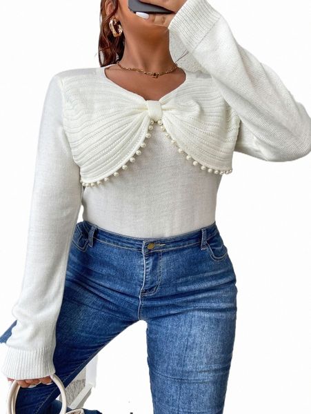 

plus size t-shirt plus pearl beaded bow front sweater j0u0#, Black