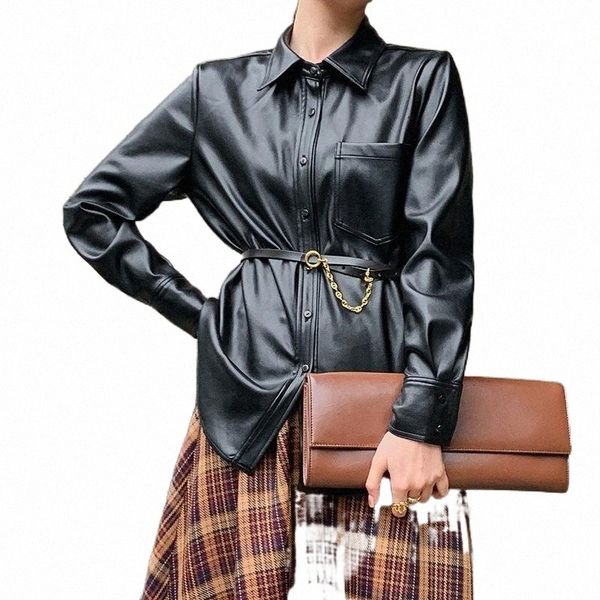 

women's blouses & shirts women's blouses & shirts women pu leather straight lapel pocket solid color office ladies fashion luxury, White