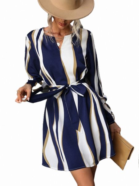 

casual dresses colorblock notched neck belted dress l7ns#, Black;gray