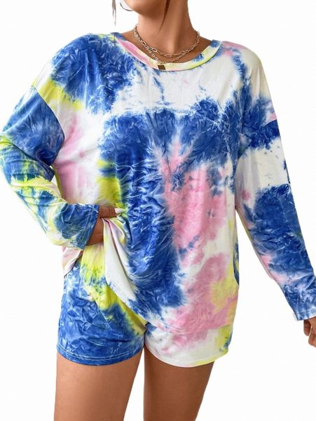 

plus size dresses plus tie dye drop shoulder tee & shorts g1pk#, Black