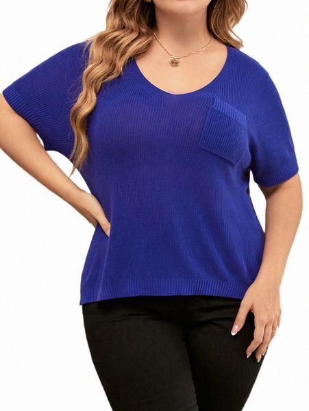 

plus size t-shirt plus pocket patched split hem knit f1au#, Black