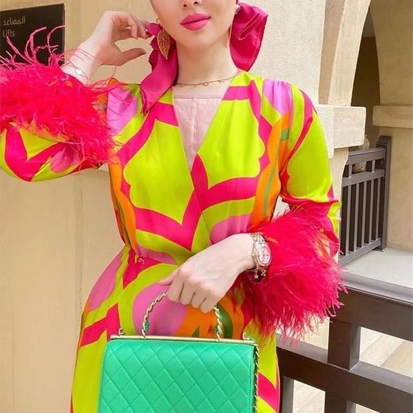 

casual dresses pb za women chic fashion printed feather sleeve midi dress vintage v neck long female vestidos robe muje 220829, Black;gray