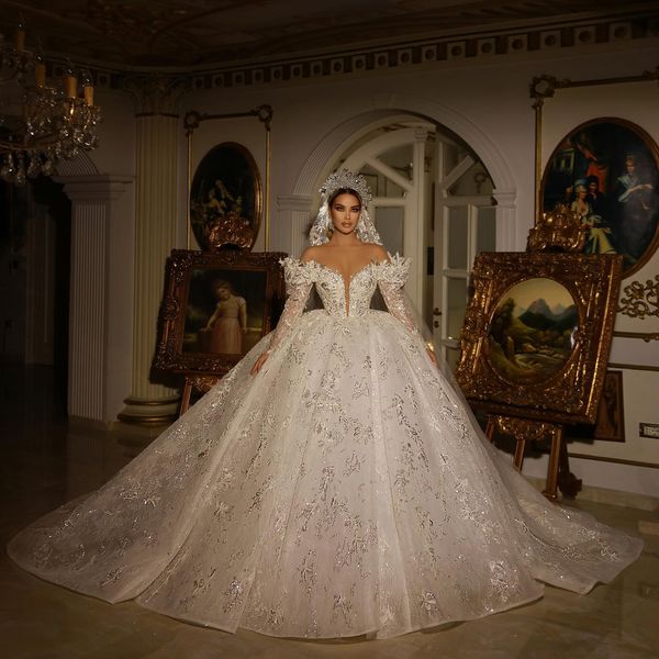 

luxury ball gown wedding dresses deep v neck long sleeves beads sequins appliques lace ruffles 3d lace floor length off shoulder bridal gown, White