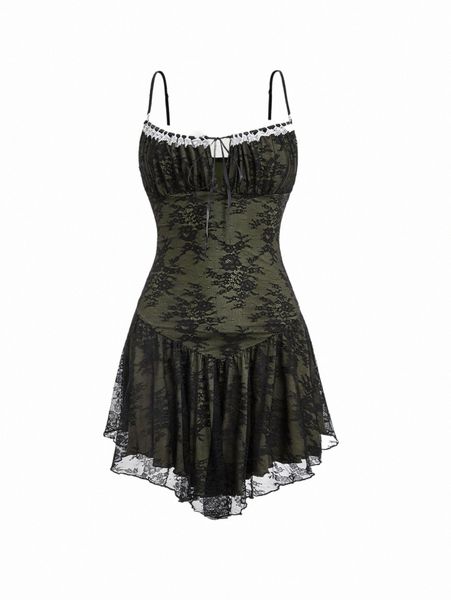 

casual dresses grunge contrast lace ruffle hem cami dress z30k#, Black;gray