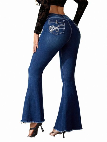 

women's jeans embroidery detail raw cut flare leg jeans r3lz#, Blue
