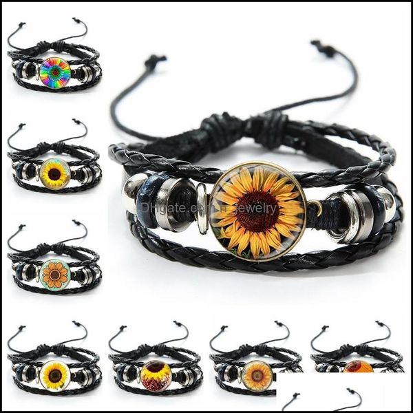 

charm bracelets sunflower time gemstone leather braided bracelet black mtilayer wax rope for women man jewelry drop deliv dhseller2010 dhxmc, Golden;silver