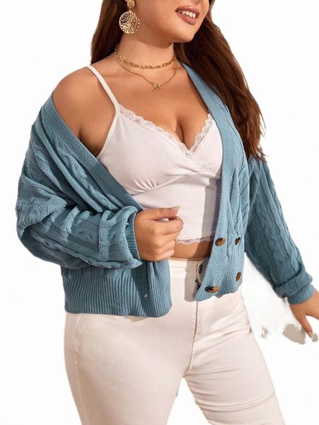 

plus size t-shirt plus cable knit drop shoulder cardigan o2rx#, Black